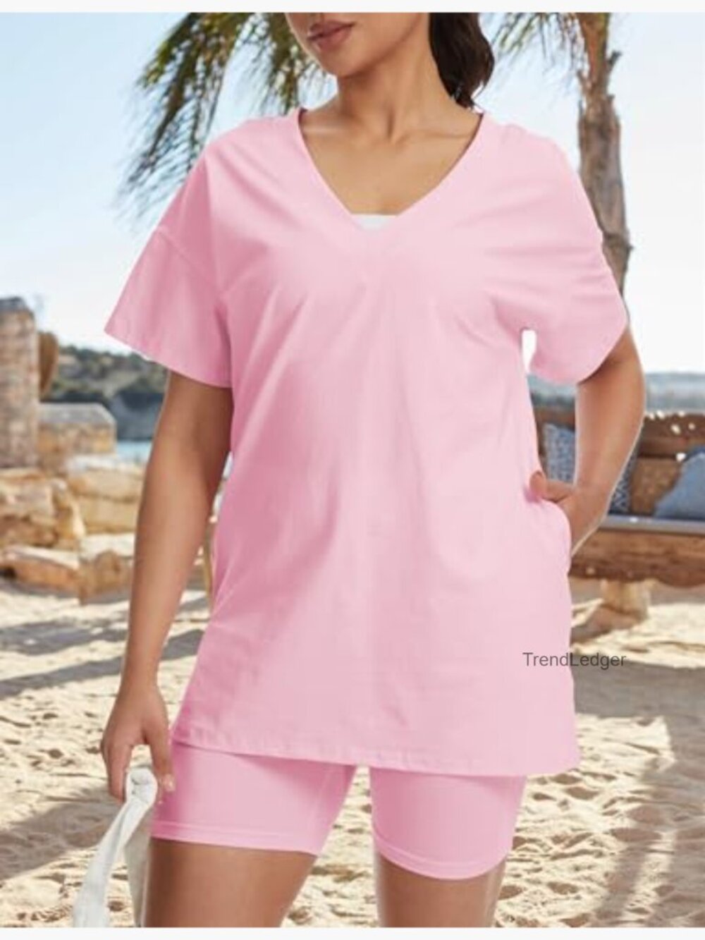 Oversized V Neck T Shirt & Biker Shorts Matching Set - Picture 2 of 7